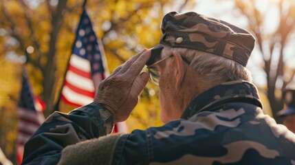 Elderly veteran saluting in uniform with American flags in the background during a sunny day, honoring military service.