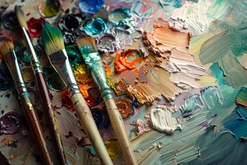 Detailed shot of a colorful paint palette with mixed paints and paintbrushes
