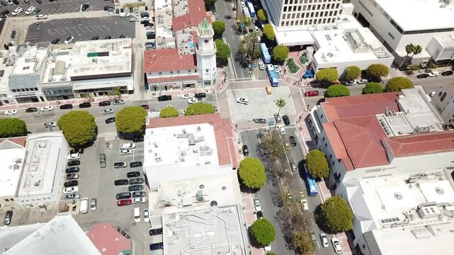 Drone Shot of Downtown Westwood in Los Angeles, California with Views of City Life on a Warm Summer Day