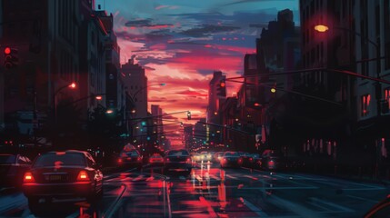 Naklejka premium Capture the vibrant hues of a sunset in an urban setting, with city lights beginning to illuminate as daylight fades.