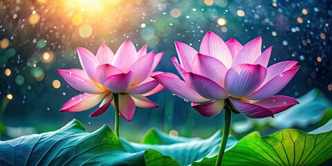 Vibrant lotus blossoms painted with raindrop accents , Lotus, vibrant, flowers, painting, artistic, raindrop, nature, beauty