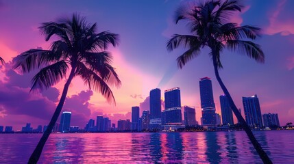 Obraz premium Capture the vibrant Miami skyline at dusk,