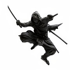 Agile ninja warrior leaps with deadly katanas unsheathed