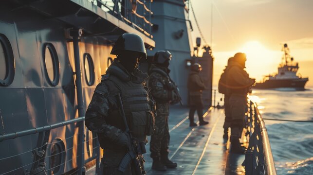 Military personnel on a naval ship at sunset, ready for action and patrolling the waters with focus and determination.