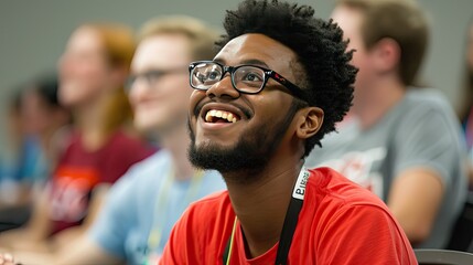 Fototapeta premium Joyful university attendee in class