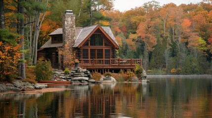 Fototapeta premium Charming log cabin by the lake, surrounded by the natural beauty of the woods