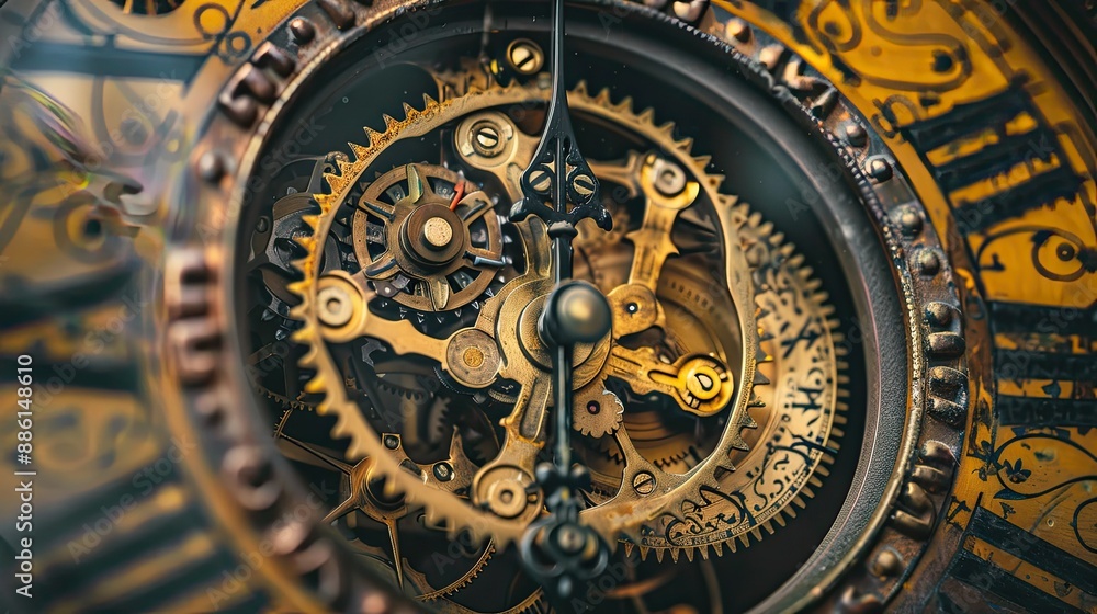 Poster close-up of a vintage clock with visible gears and cogs, showcasing intricate mechanics