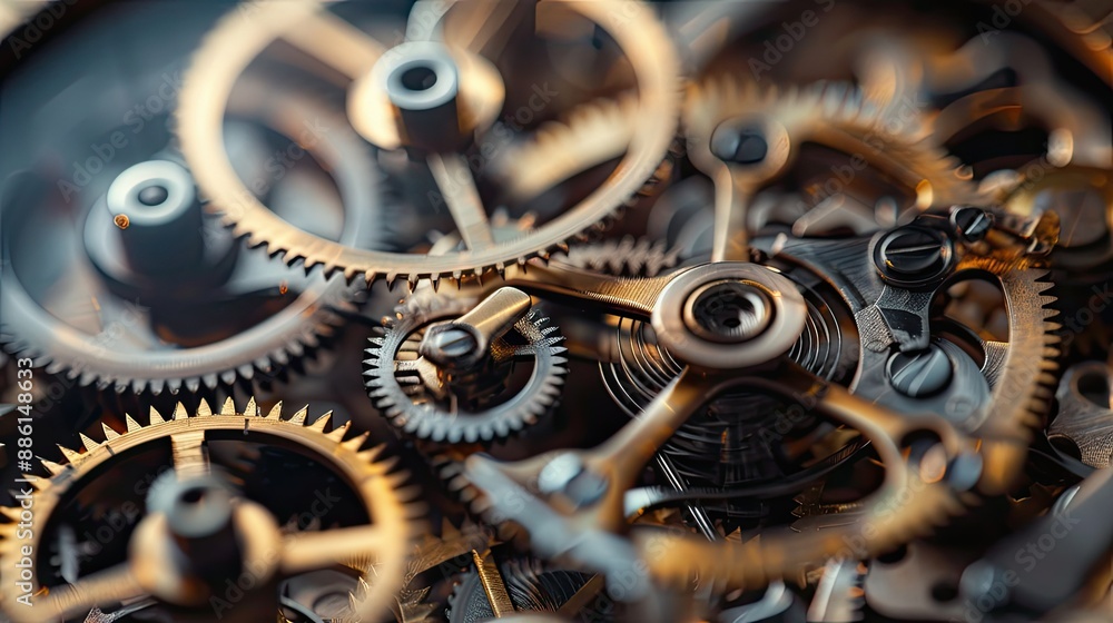 Poster close-up of a vintage clock with visible gears and cogs, showcasing intricate mechanics