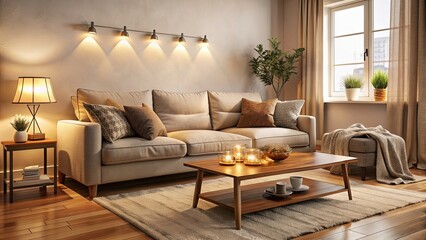 Cozy living room interior with plush sofa, coffee table, and soft lighting, cozy, living room, interior, plush