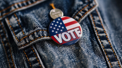 close up of  vote badge with American flag design on the denim jacket pocket 