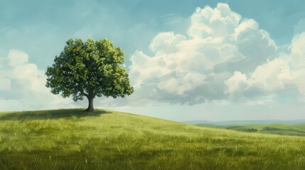 Craft an evocative image portraying a single tree in a field of fresh, spring-green grass, conveying a sense of renewal and vitality