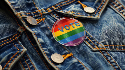 close-up of rainbow flag badge and "vote" , call for action at upcoming elections, lgbtq+ rights, civic duty, and equality