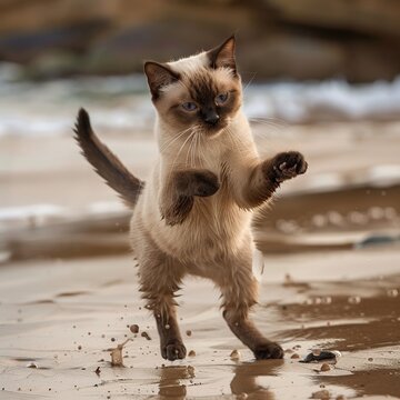 Burmese cat engaged in dance fitness in a zoom shot on wet sand