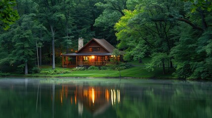 Cozy log cabin nestled by a serene lake in the woods, surrounded by lush trees