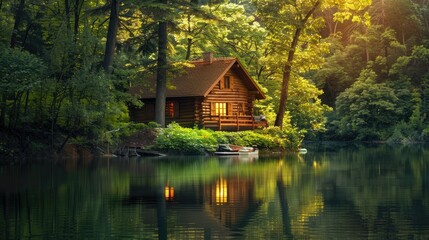 Cozy log cabin nestled by a serene lake in the woods, surrounded by lush trees