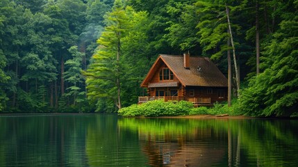 Cozy log cabin nestled by a serene lake in the woods, surrounded by lush trees