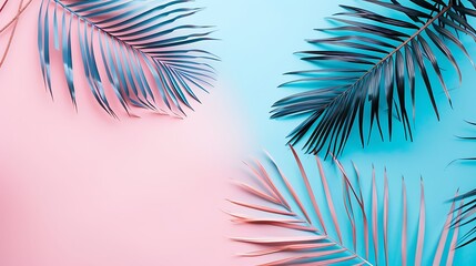 Obraz premium Ultra HD palm tree leaves on a light pink and cerulean blue background, minimalist and bright