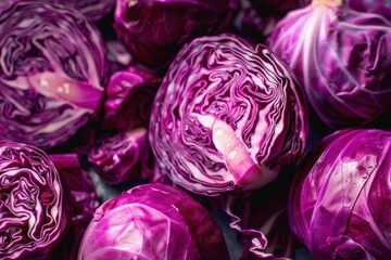 Fresh red cabbage heads are piled together, showing a vibrant purple color and interesting texture