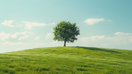 Obraz premium Craft an idyllic image featuring a single tree in a peaceful meadow, surrounded by fresh, emerald grass that stretches to the horizon.