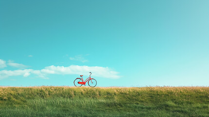 Simple background of sky, hills and red bicycle