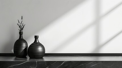 Obraz premium Elegant black ceramic vases on a sleek black marble table with a white wall backdrop