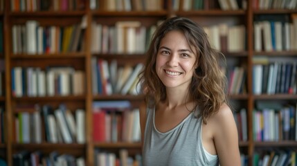 Calmly Smiling Female Philosopher in Casual Attire with Bookshelf of Philosophical Literature Showing Reflective and Deep Thoughts