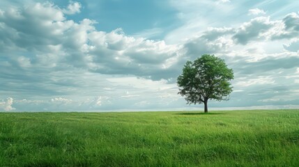 Obraz premium Create a serene landscape with a lone tree standing tall amidst a vast expanse of lush green grass, capturing the essence of solitude.