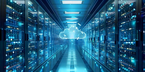 Futuristic Server Room with Holographic Cloud Displays in Vibrant Blue and Green Hues