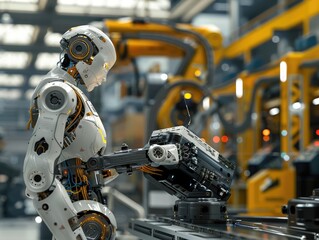 Obraz premium A digital rendering of a robot performing complex tasks autonomously in an industrial setting, highlighting its advanced mechanical systems and intelligence
