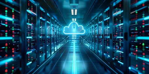 Futuristic Server Room with Holographic Cloud Displays in Blue and Green Digital Art Concept