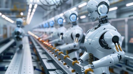 Fototapeta premium A humanoid robot optimizing workflow in an automated factory, showcasing precision control, efficiency, and advanced mechanization processes