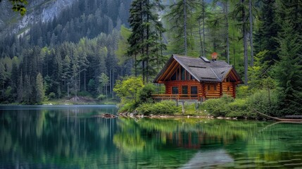 Idyllic log cabin by a calm lake, enveloped by the beauty of the woods