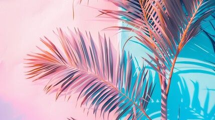 Ultra HD palm tree leaves on a light pink and cerulean blue background, minimalist and bright