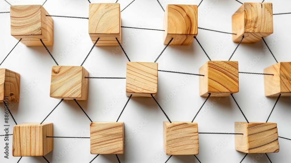Poster wooden blocks with a network graph on a white background, depicting connectivity and business networ