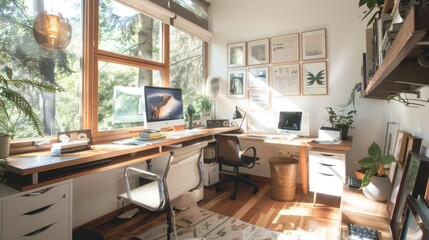 Modern home office with a minimal desk setup and plenty of natural daylight