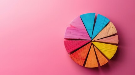 Obraz premium Wooden blocks with a circular graph on a pink background, showing market share distribution and business analysis. Flat lay, high quality, no realistic photo details