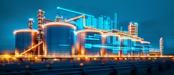 Fototapeta premium Illuminating the Future, Biofuel Research Facility Integrating Geothermal Energy at Night with Digital Overlays