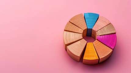 Fototapeta premium Wooden blocks with a circular graph on a pink background, showing market share distribution and business analysis. Flat lay, high quality, no realistic photo details