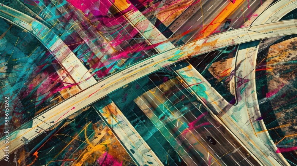 Poster create an artistic aerial view of a highway intersection with vibrant, abstract colors enhancing the