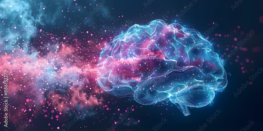 Poster digital brain neurons glowing in cosmic cloud data network