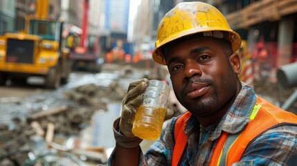 A construction worker taking a break, consuming a vitamin drink amidst a bustling worksite, blending labor and health care