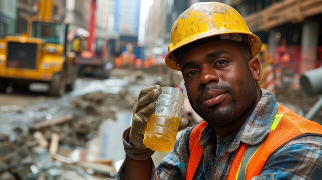 A construction worker taking a break, consuming a vitamin drink amidst a bustling worksite, blending labor and health care