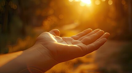 Open hand reaching towards the warm golden sunlight, symbolizing hope and new beginnings