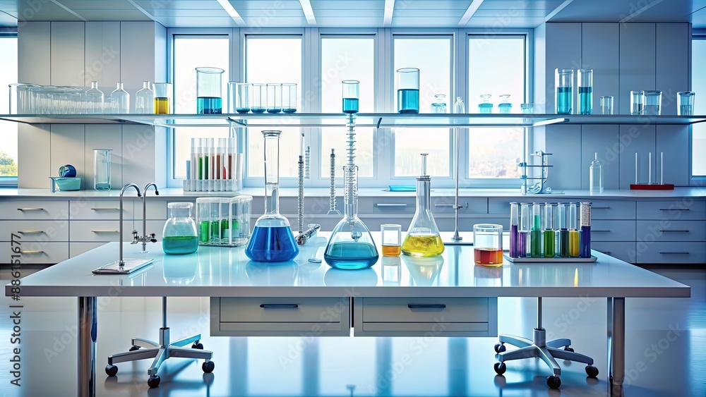 Poster Laboratory tubes and containers on a lab bench , science, research, chemistry, experiment, testing, analysis