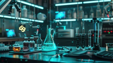 Science lab with digital interfaces and equipment