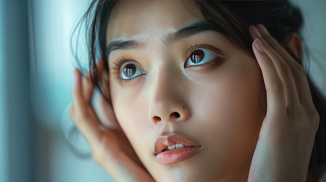 Bored Asian woman with insomnia looking at herself in the mirror, touching the dark circles and puffiness under her eyes, showing sleeplessness and health concerns