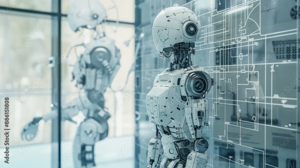 Aufkleber a detailed engineering blueprint of a humanoid robot, showcasing intricate design, functionality, an