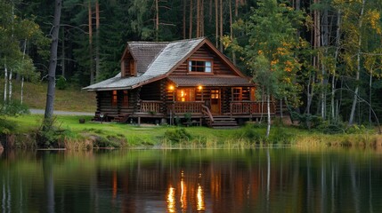 Picturesque log cabin by the lake, set in a tranquil forest setting