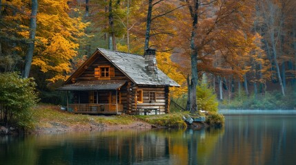 Fototapeta premium Picturesque log cabin by the lake, set in a tranquil forest setting