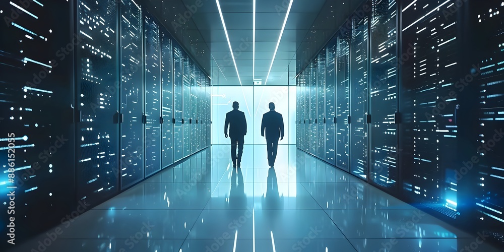 Poster futuristic cloud server room with digital engineering and modern architecture